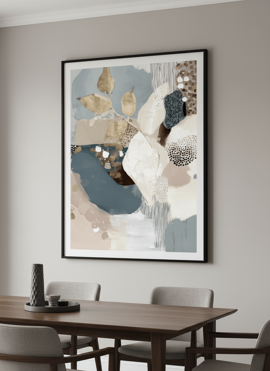 Wall art styled above a dining table in a contemporary home