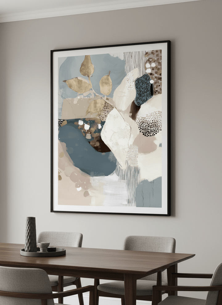Wall art styled above a dining table in a contemporary home