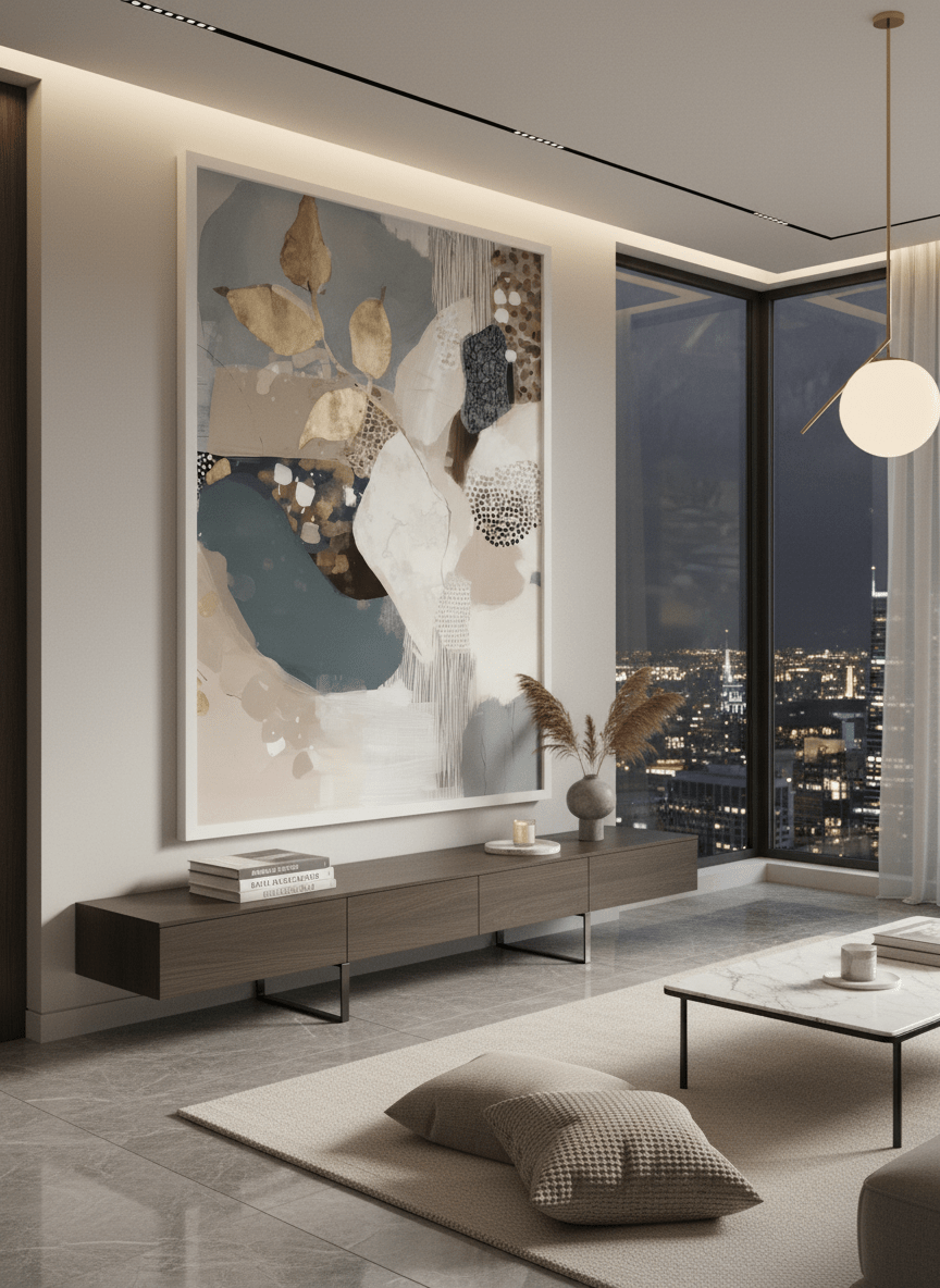 Monumental artwork centred on a feature wall in a luxe interior