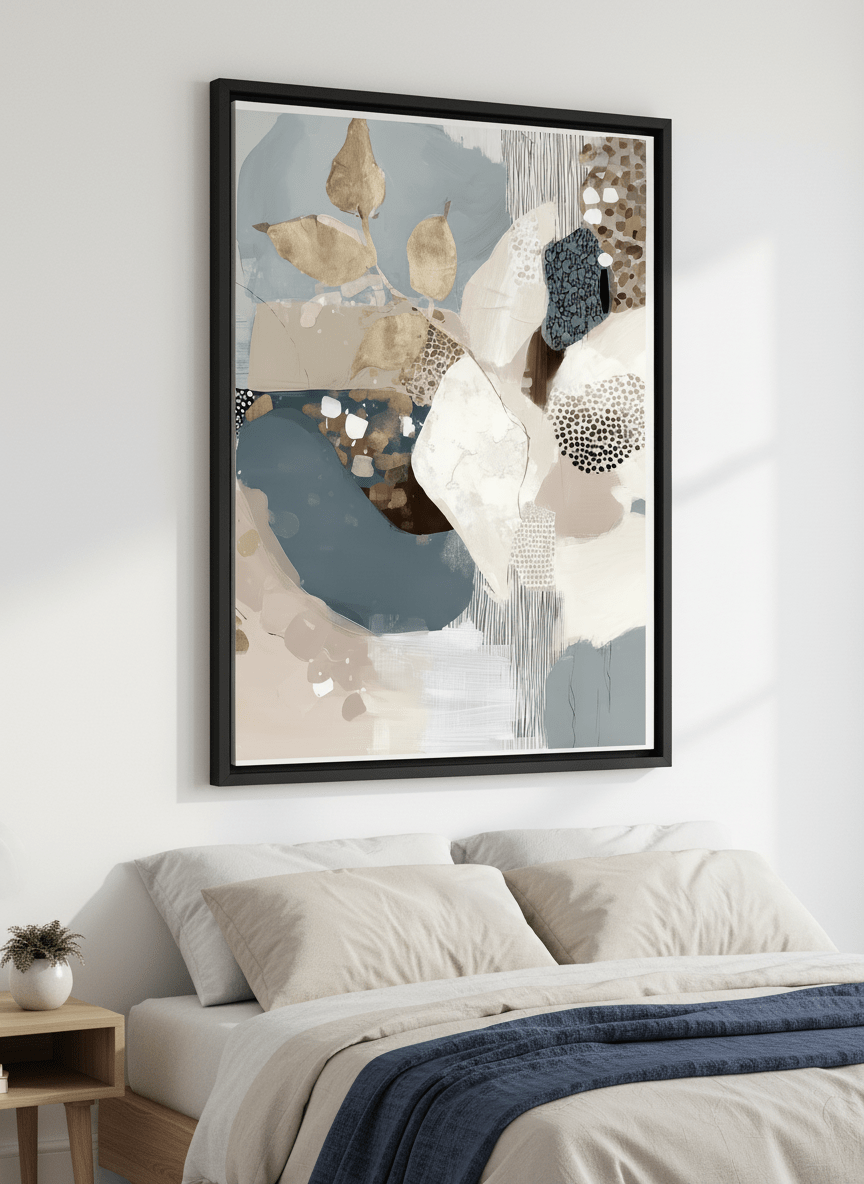 Minimalist artwork displayed in a calm, light-filled bedroom interior