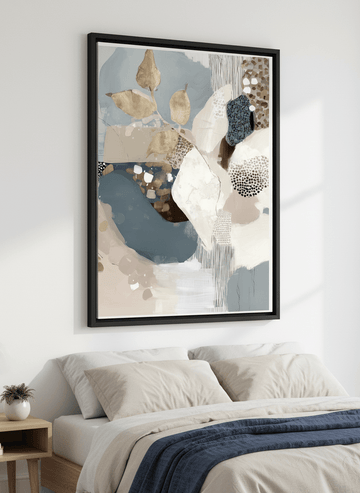 Minimalist artwork displayed in a calm, light-filled bedroom interior