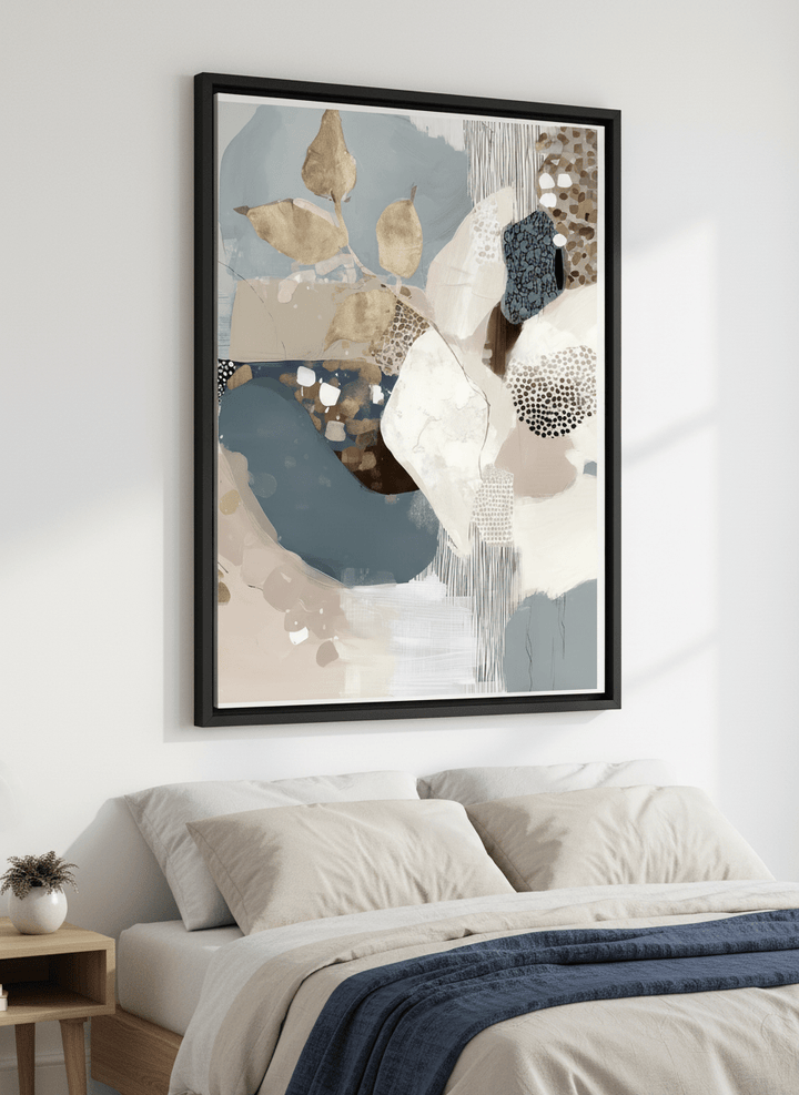 Minimalist artwork displayed in a calm, light-filled bedroom interior