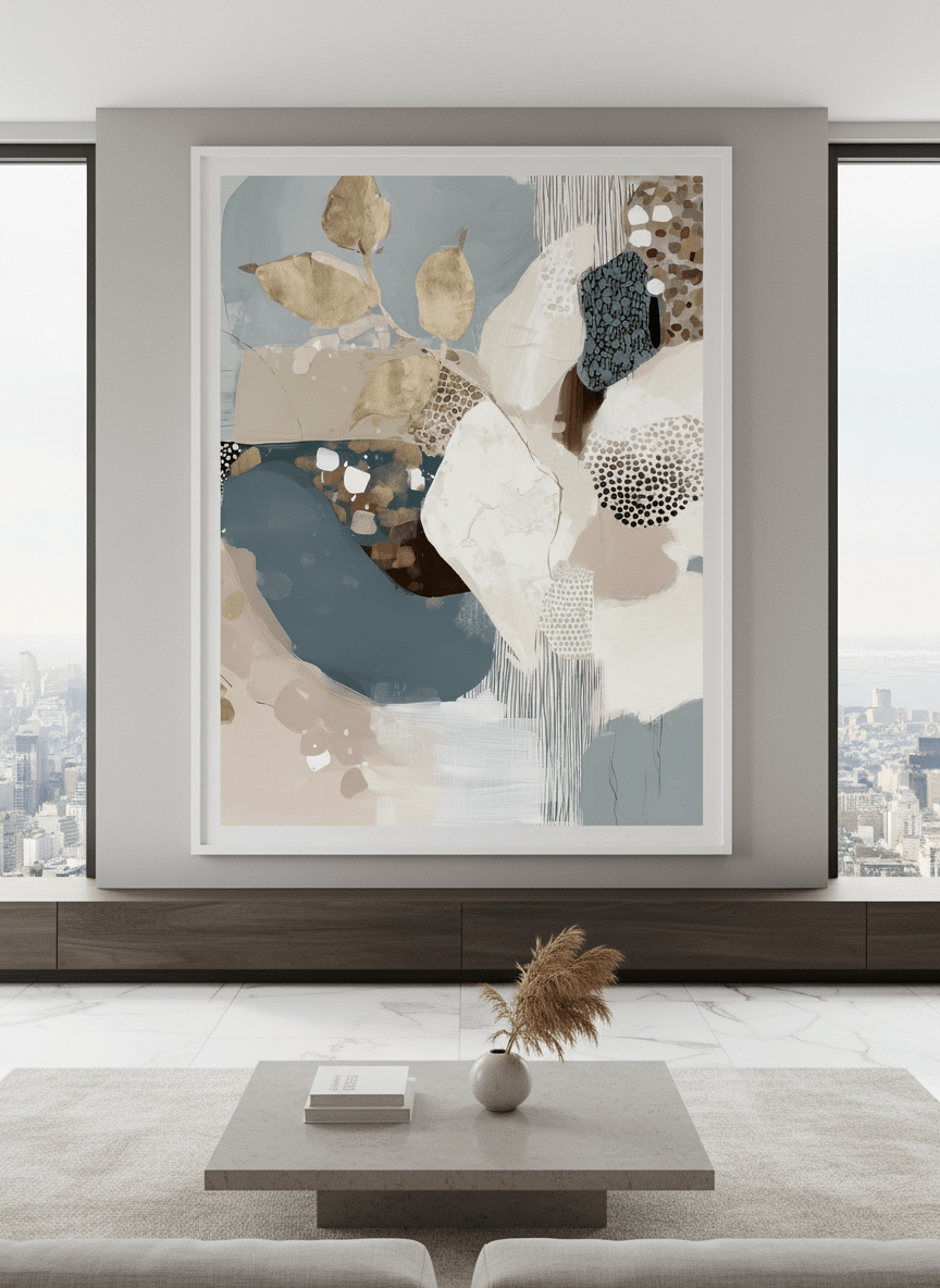 Monumental artwork centred on a feature wall in a luxe interior