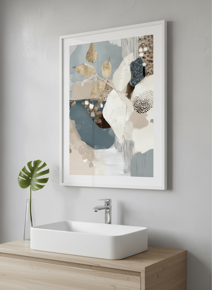 Modern print displayed in a clean minimalist bathroom setting
