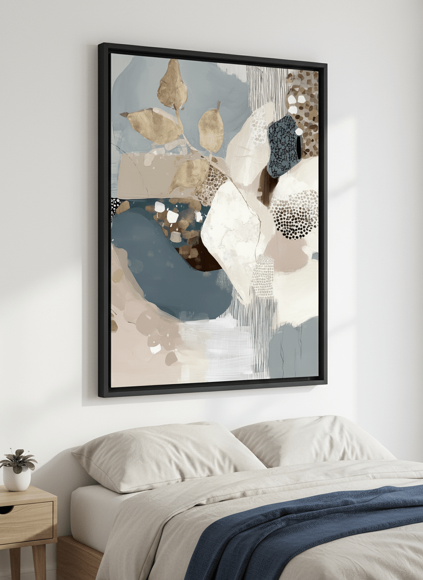 Minimalist artwork displayed in a calm, light-filled bedroom interior