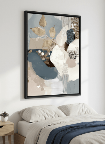 Minimalist artwork displayed in a calm, light-filled bedroom interior