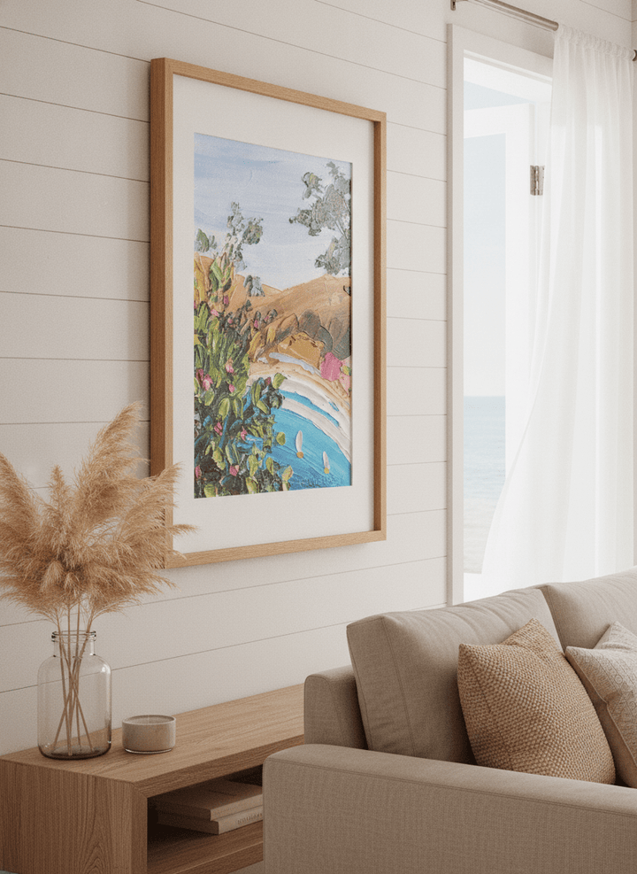 Neutral wall art displayed in a sunny coastal beach house