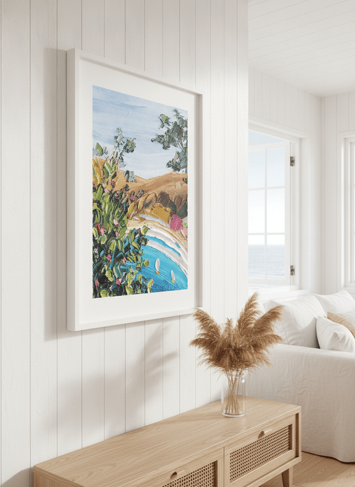 Neutral wall art displayed in a sunny coastal beach house