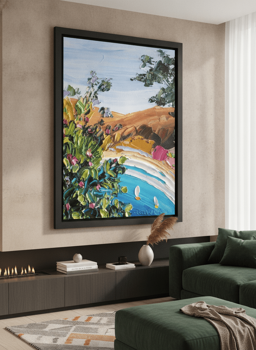 Monumental artwork centred on a feature wall in a luxe interior