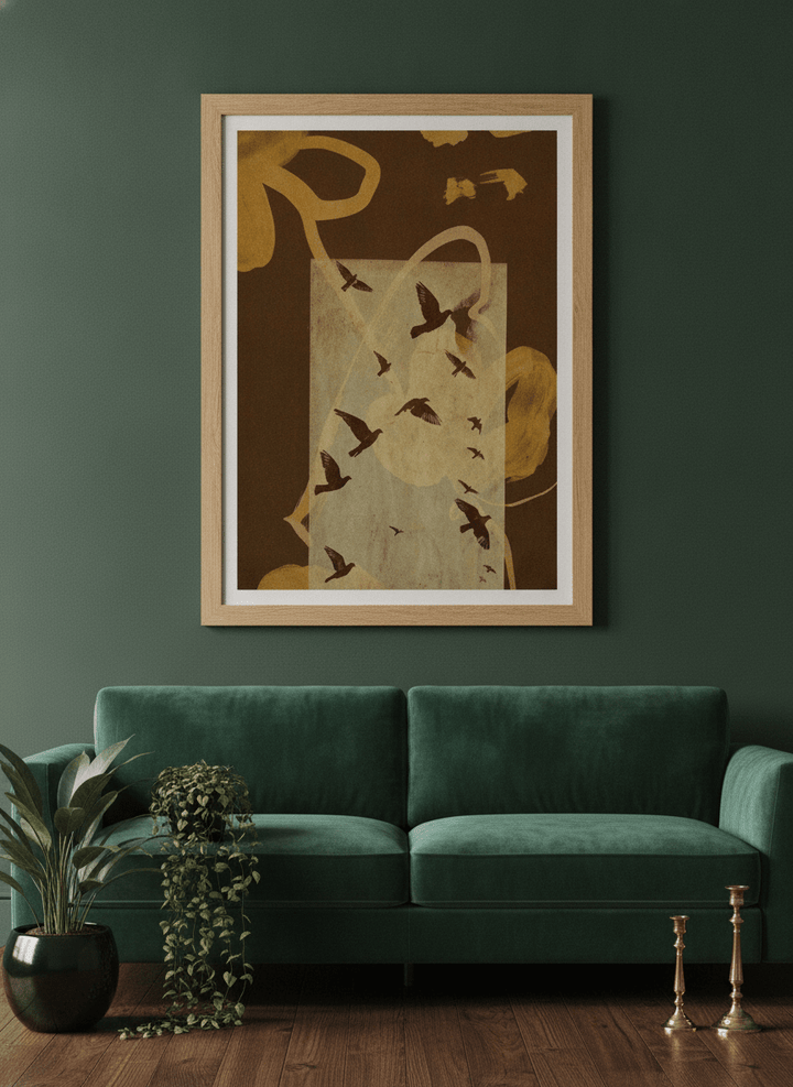 Modern wall art print styled on the wall in a moody living room