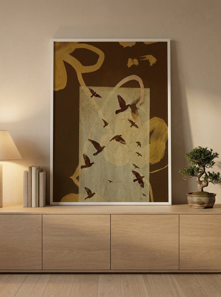 Modern wall art print standing on a sideboard in a warm Japandi bedroom