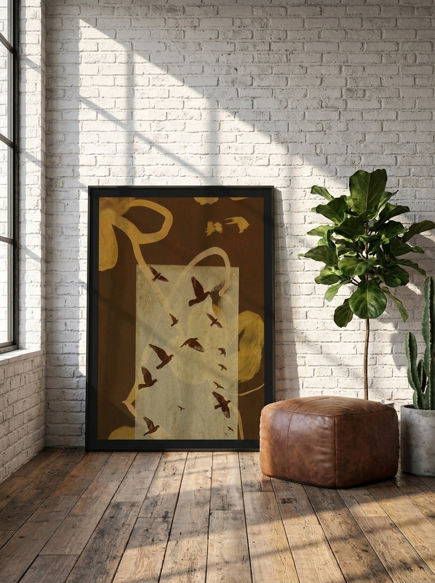 Modern wall art print leaning against the wall in an industrial loft living room