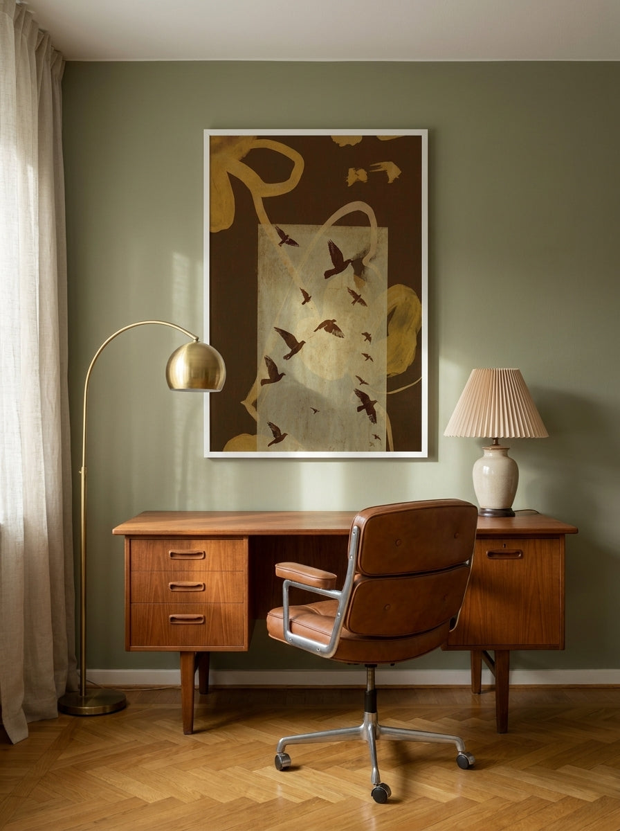 Modern wall art print styled on the wall in a mid-century home office