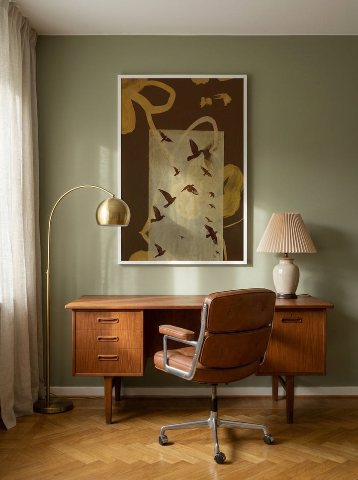 Modern wall art print styled on the wall in a mid-century home office