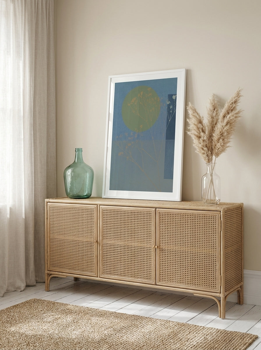 Modern wall art print standing on a sideboard in a coastal home office