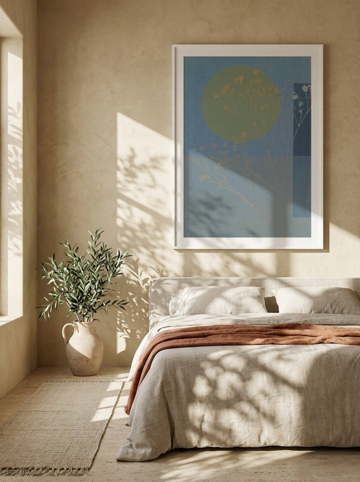 Modern wall art print styled on the wall in a Mediterranean bedroom