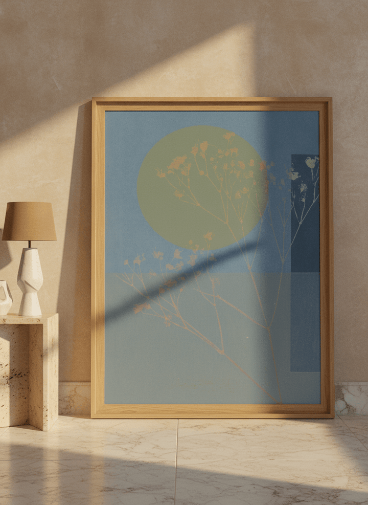 Oversized statement modern wall art print leaning against the wall in a luxe bedroom