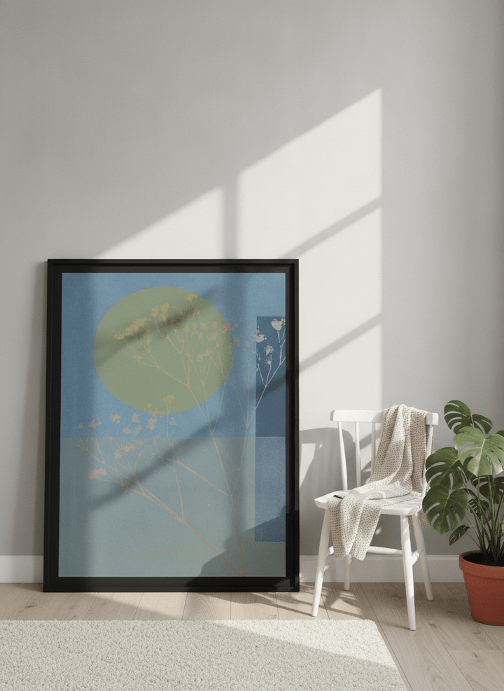 Oversized statement modern wall art print leaning against the wall in a bright Scandinavian bedroom