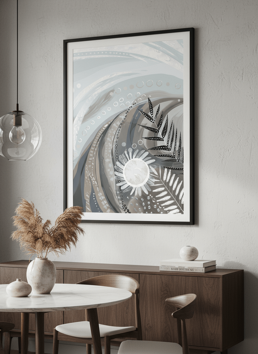 Wall art styled above a dining table in a contemporary home