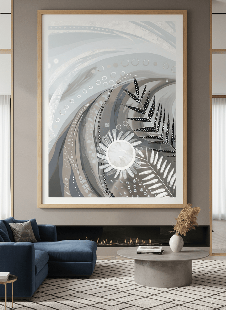 Monumental artwork centred on a feature wall in a luxe interior