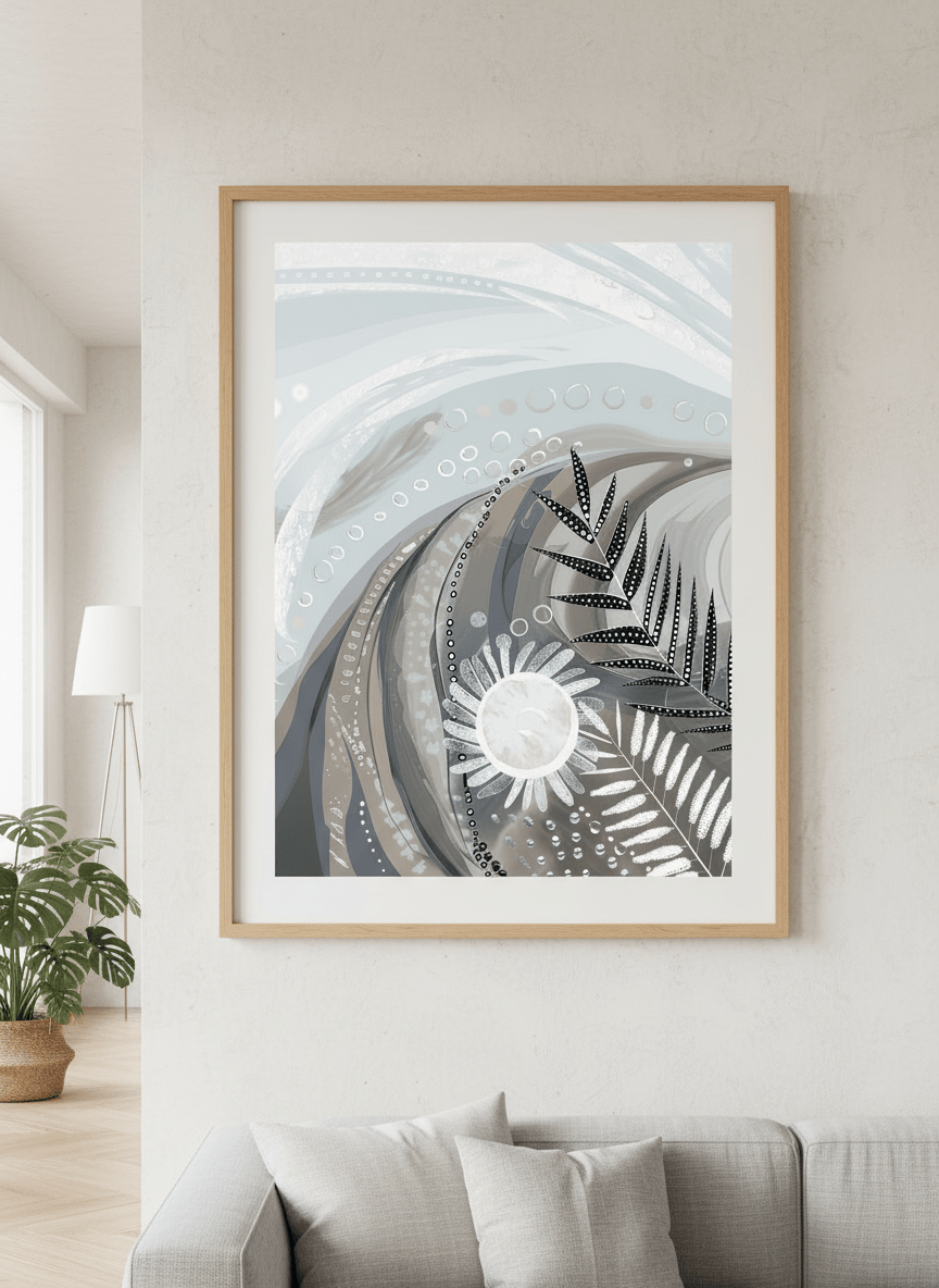 Modern wall art styled above a sofa in a neutral living room