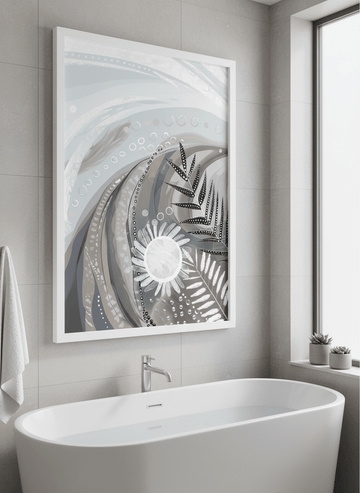 Modern print displayed in a clean minimalist bathroom setting
