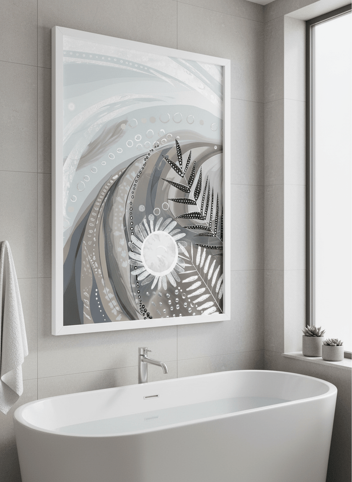 Modern print displayed in a clean minimalist bathroom setting