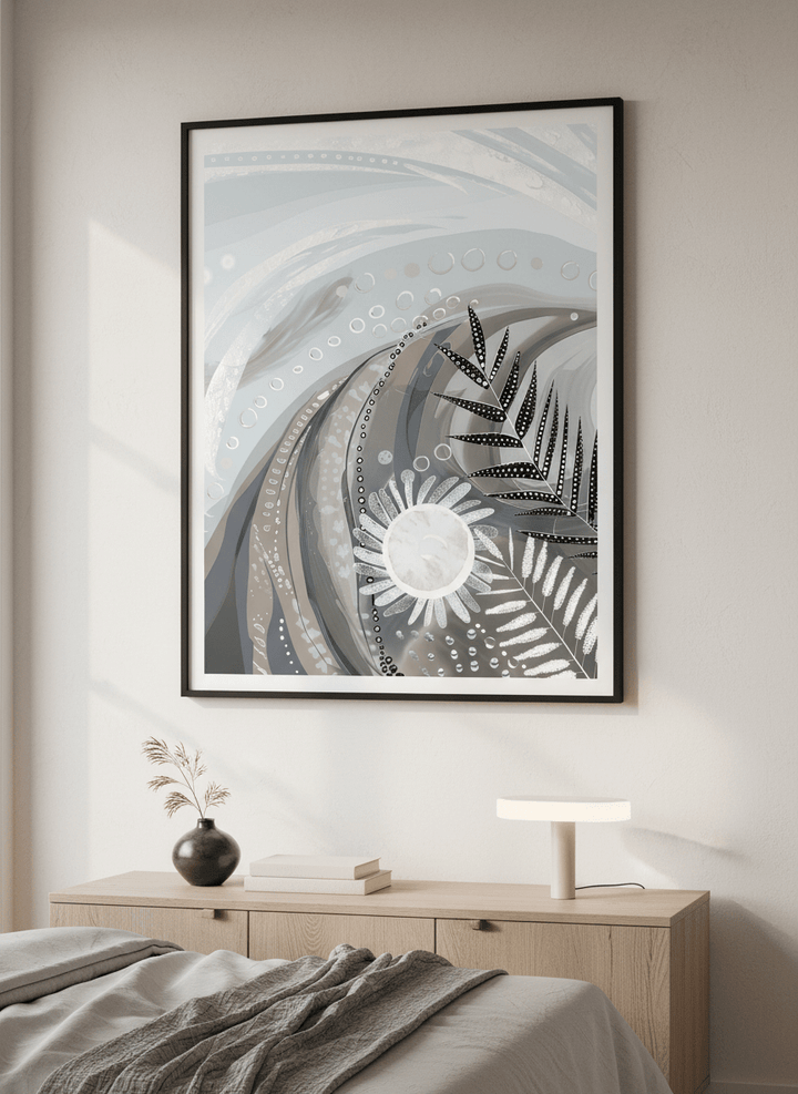 Minimalist artwork displayed in a calm, light-filled bedroom interior