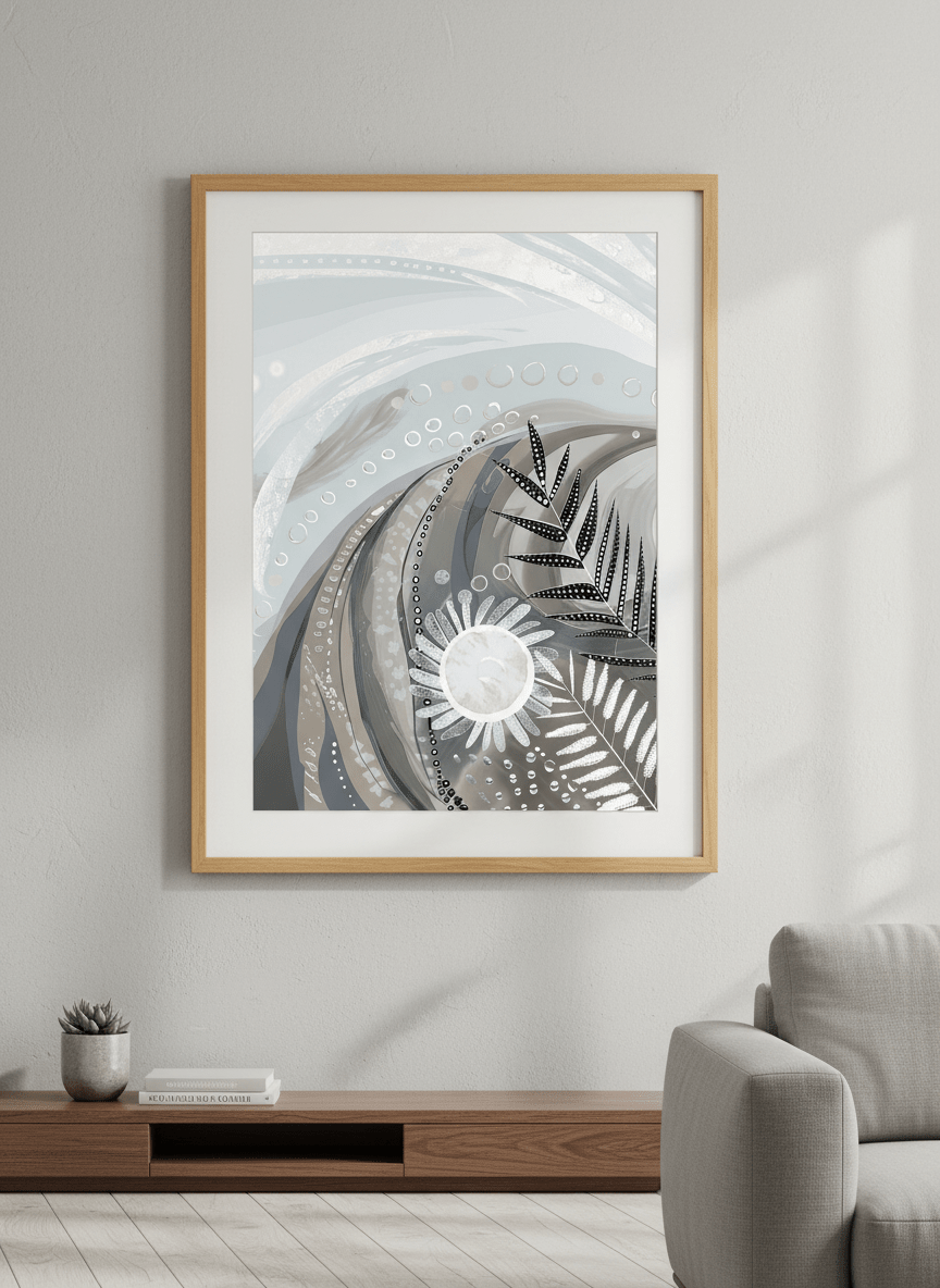 Modern wall art styled above a sofa in a neutral living room