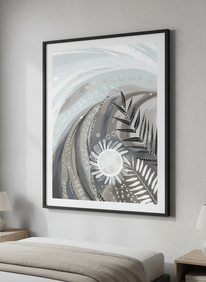 Minimalist artwork displayed in a calm, light-filled bedroom interior