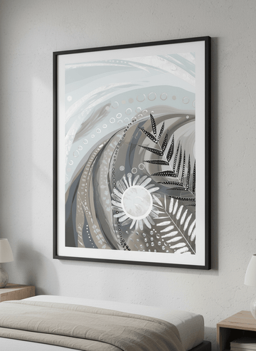 Minimalist artwork displayed in a calm, light-filled bedroom interior
