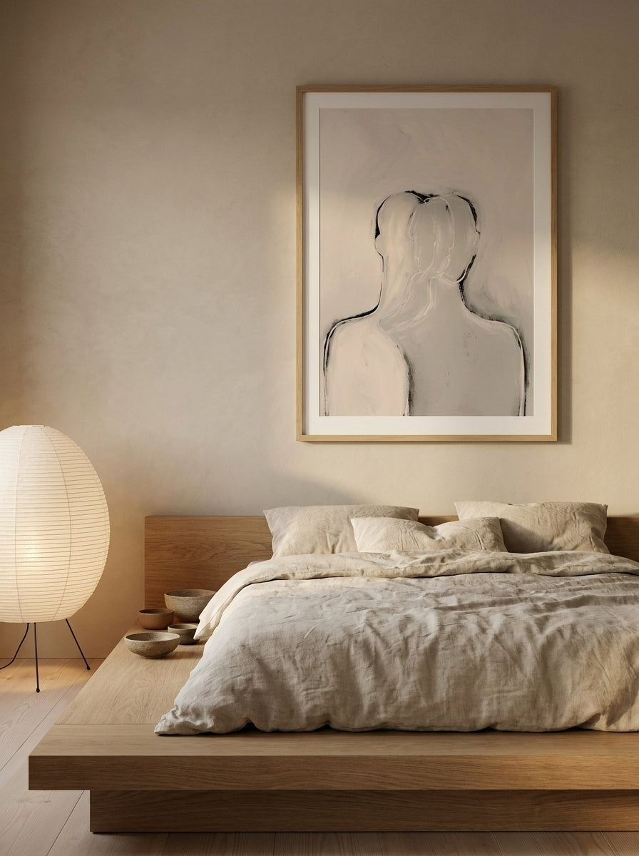 Modern wall art print styled on the wall in a warm Japandi bedroom