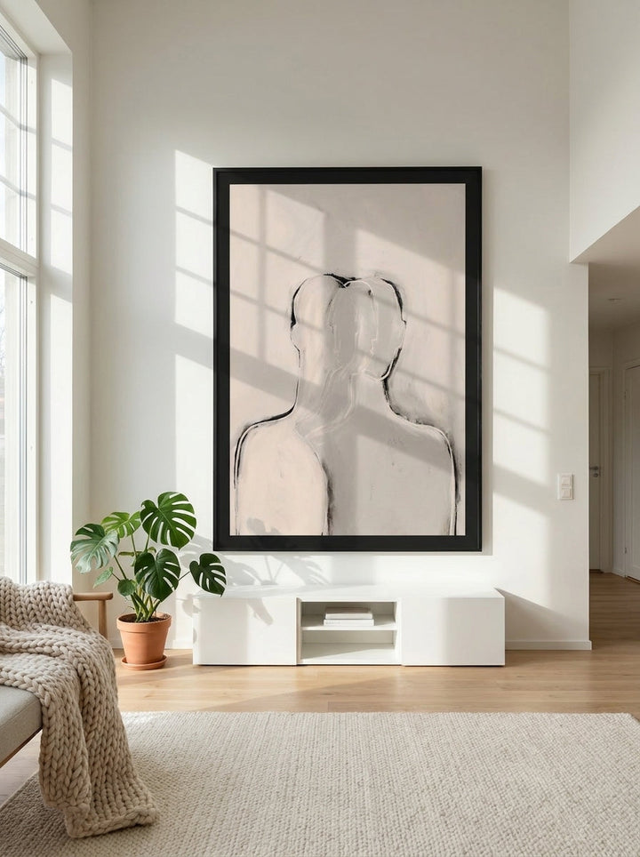 Oversized statement modern wall art print styled on the wall in a bright Scandinavian living room