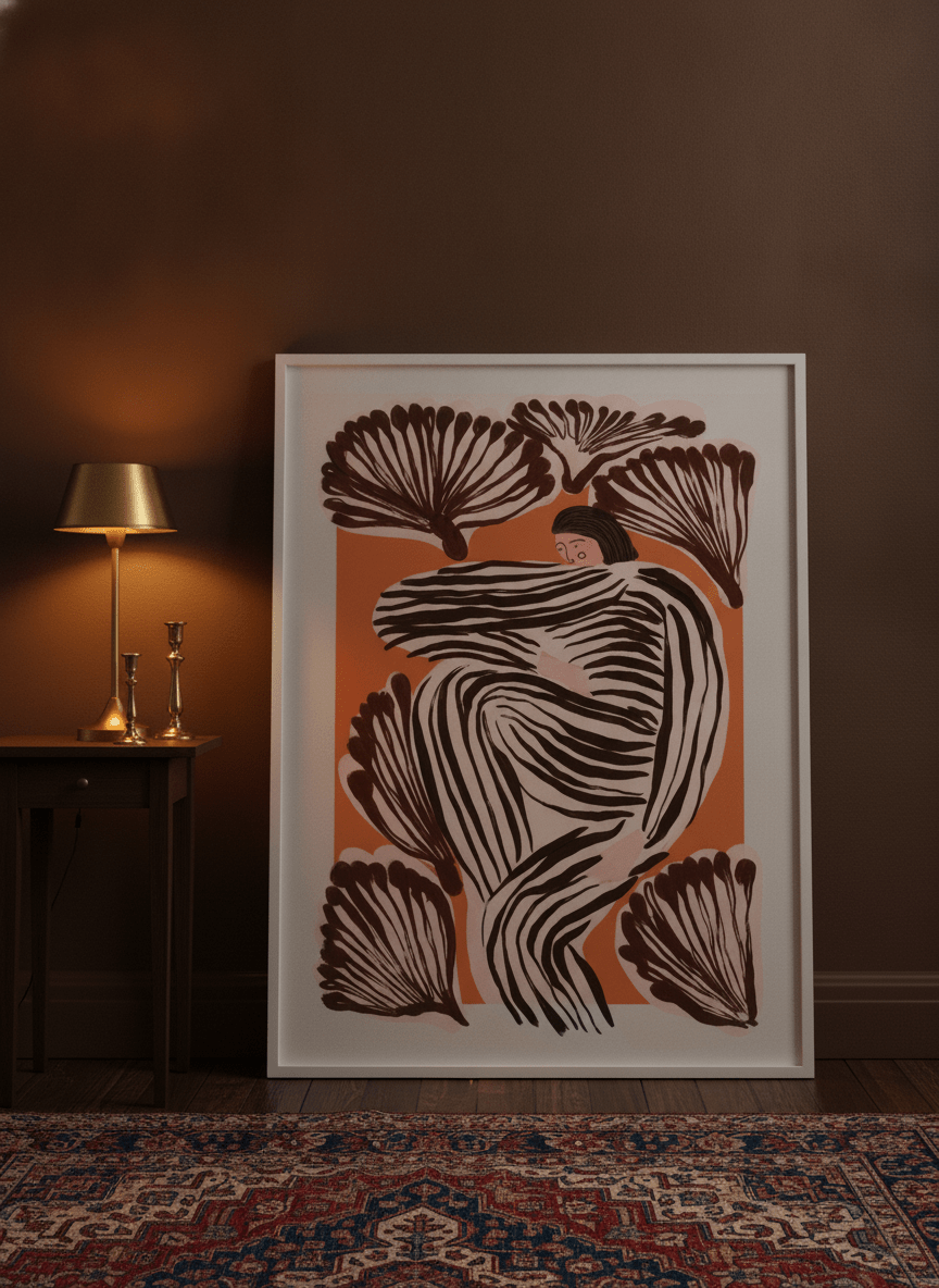 Modern wall art print leaning against the wall in a moody bedroom