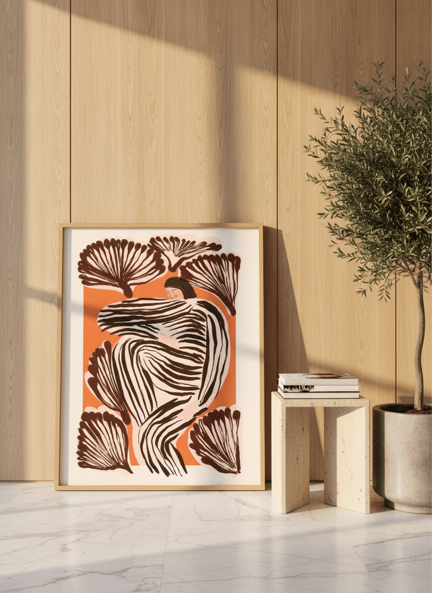 Modern wall art print leaning against the wall in a luxe dining room