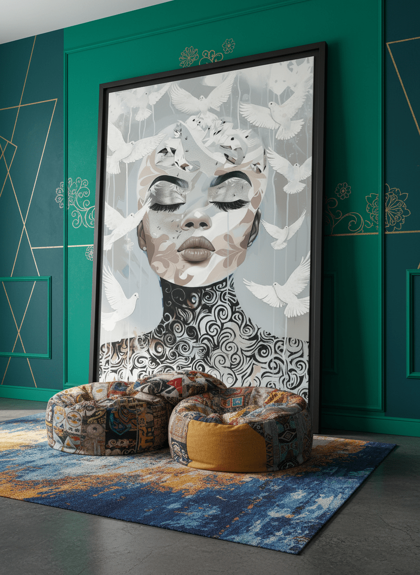 Bold wall art styled in a colourful, eclectic modern home