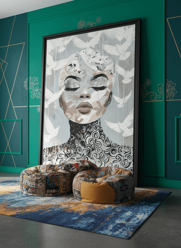 Bold wall art styled in a colourful, eclectic modern home