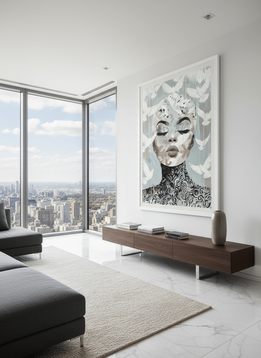 Monumental artwork centred on a feature wall in a luxe interior