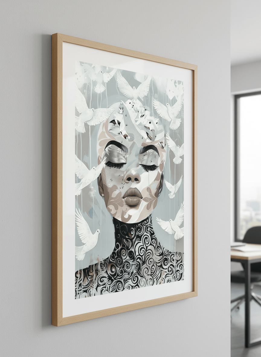 Contemporary wall art featured in a bright modern office workspace