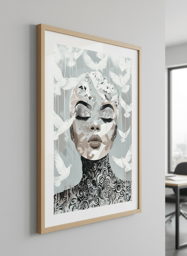 Contemporary wall art featured in a bright modern office workspace