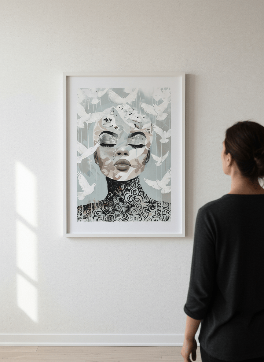 Person showcasing the artwork against a clean modern interior wall