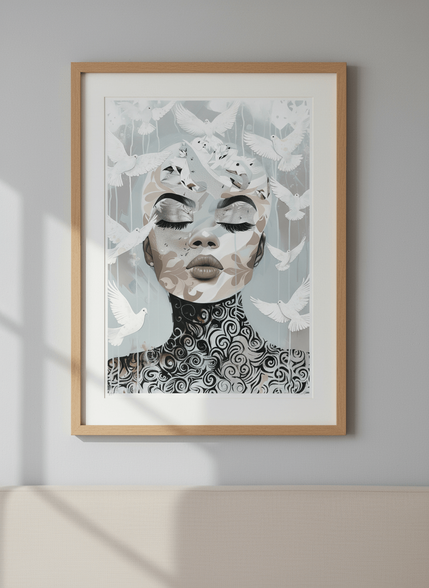 Minimalist artwork displayed in a calm, light-filled bedroom interior