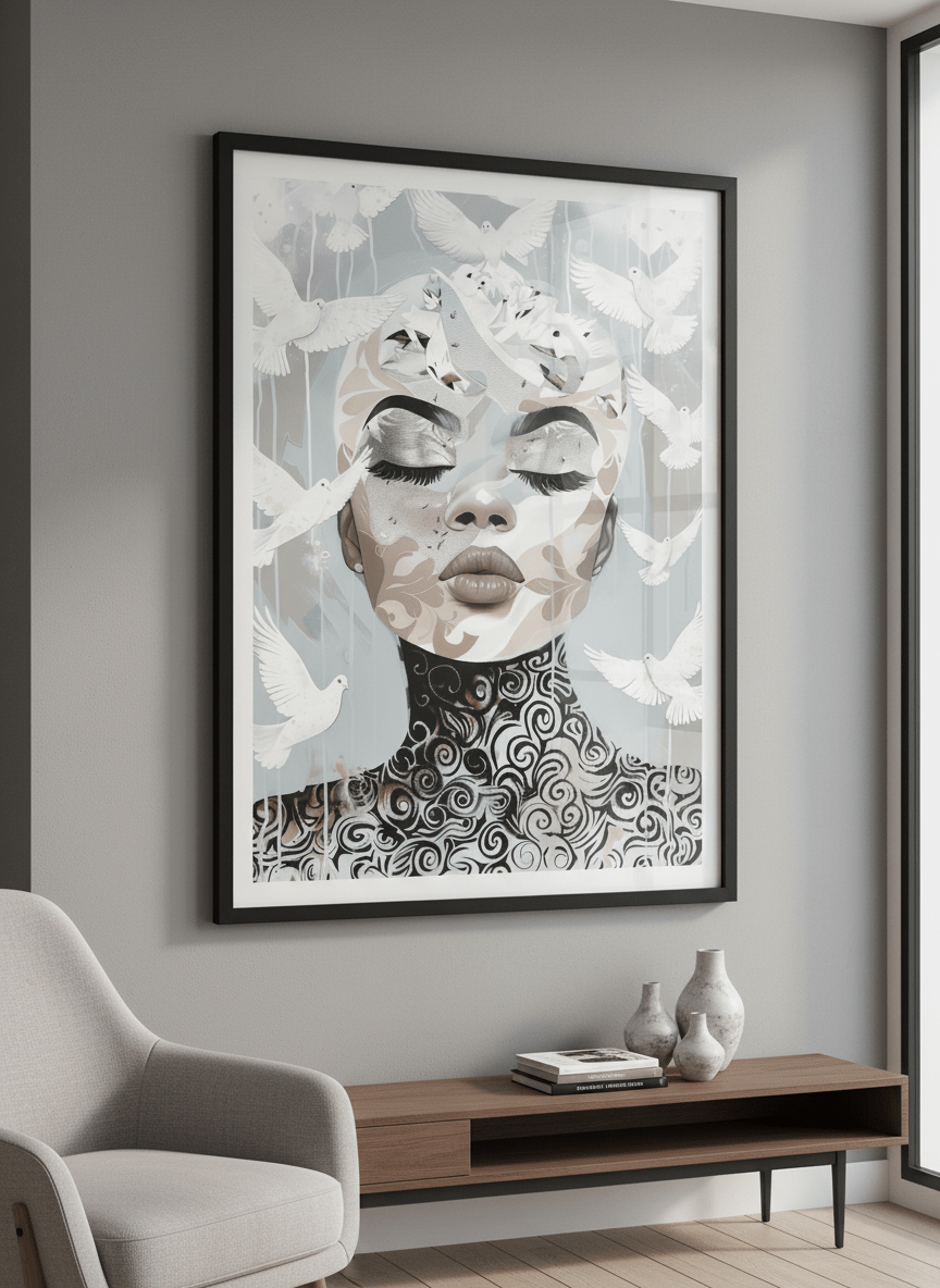 Modern wall art styled above a sofa in a neutral living room