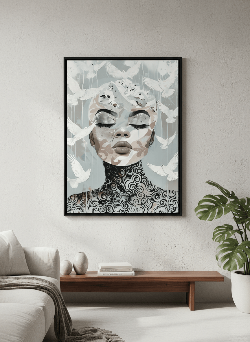 Modern wall art styled above a sofa in a neutral living room