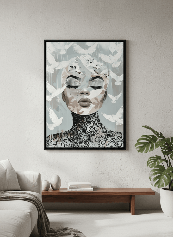 Modern wall art styled above a sofa in a neutral living room