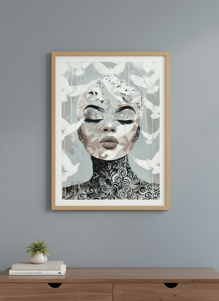 Minimalist artwork displayed in a calm, light-filled bedroom interior