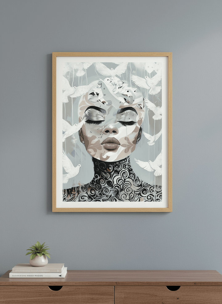 Minimalist artwork displayed in a calm, light-filled bedroom interior