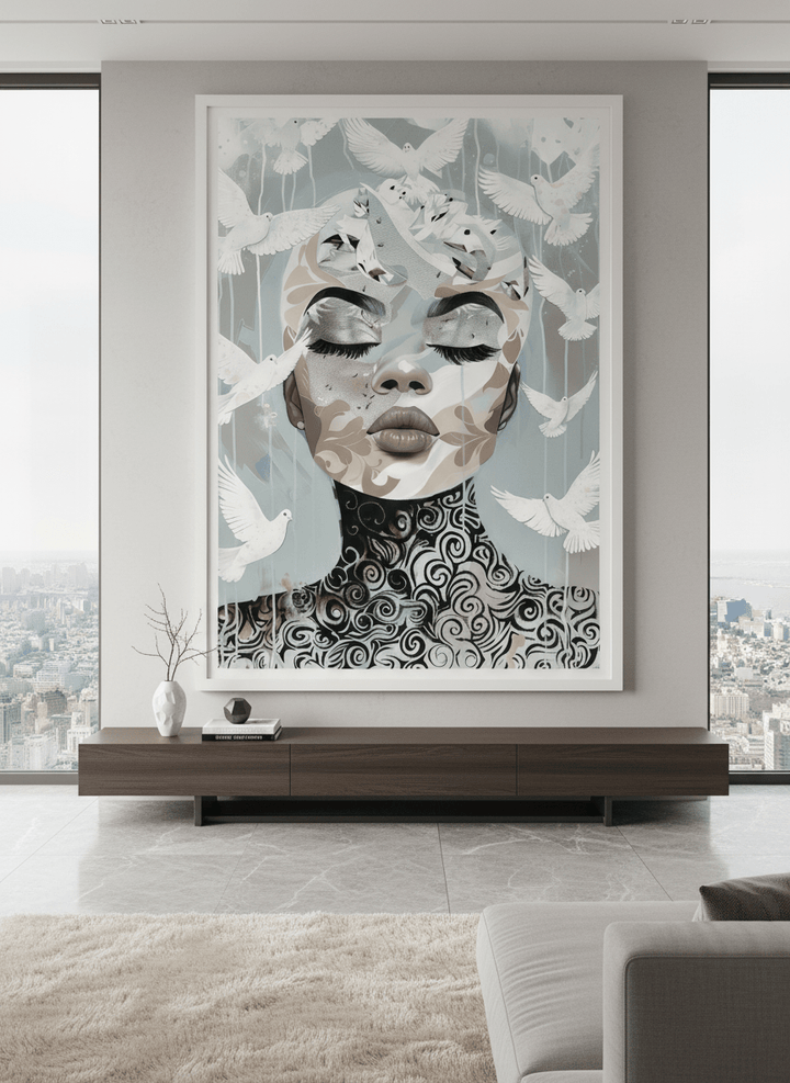 Monumental artwork centred on a feature wall in a luxe interior