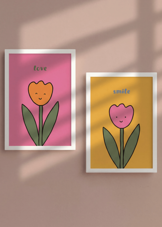Set of 2 Cute Smiling Flower Quote Prints