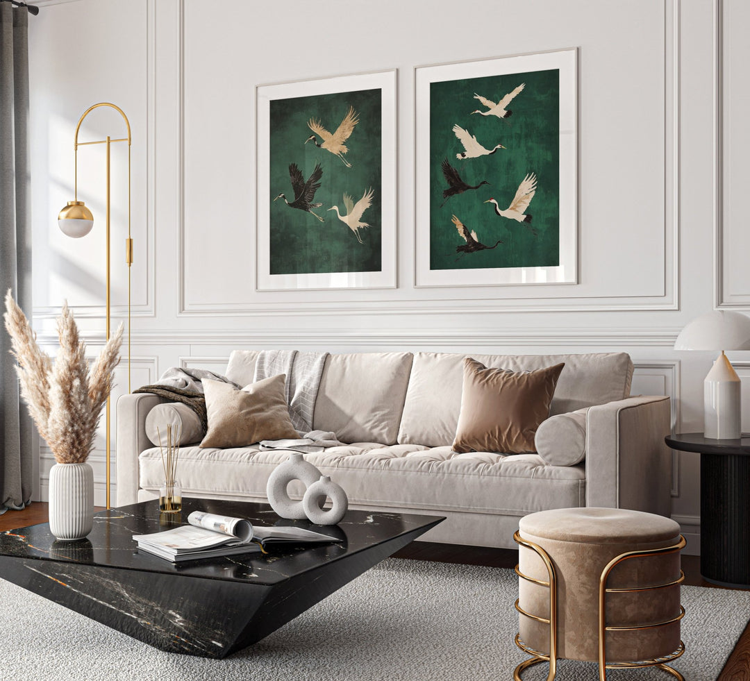 Set of 2 Flying Cranes,livingroom,timber border
